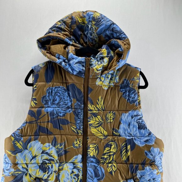 Offline by Aerie Floral Puffer Vest Womens L Full Zip Hooded Quilted Brown Blue - Picture 4 of 13